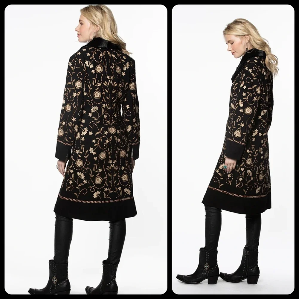 NEW! The Double D Ranch Full-Length Black Suede Hand-Embroidered Obregon Coat - Picture 3 of 17